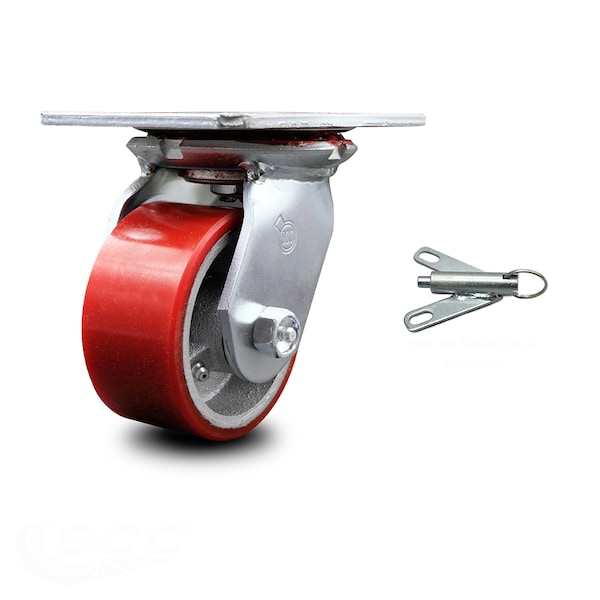 4 Inch Red Poly on Cast Iron Caster with Ball Bearing and Swivel Lock SCC